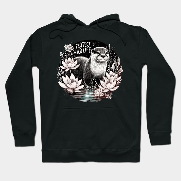 Protect Wildlife - Otter and water lilies Hoodie by PrintSoulDesigns